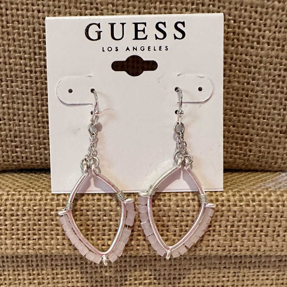 NWT GUESS Earrings silver tone dangle with light pink beads